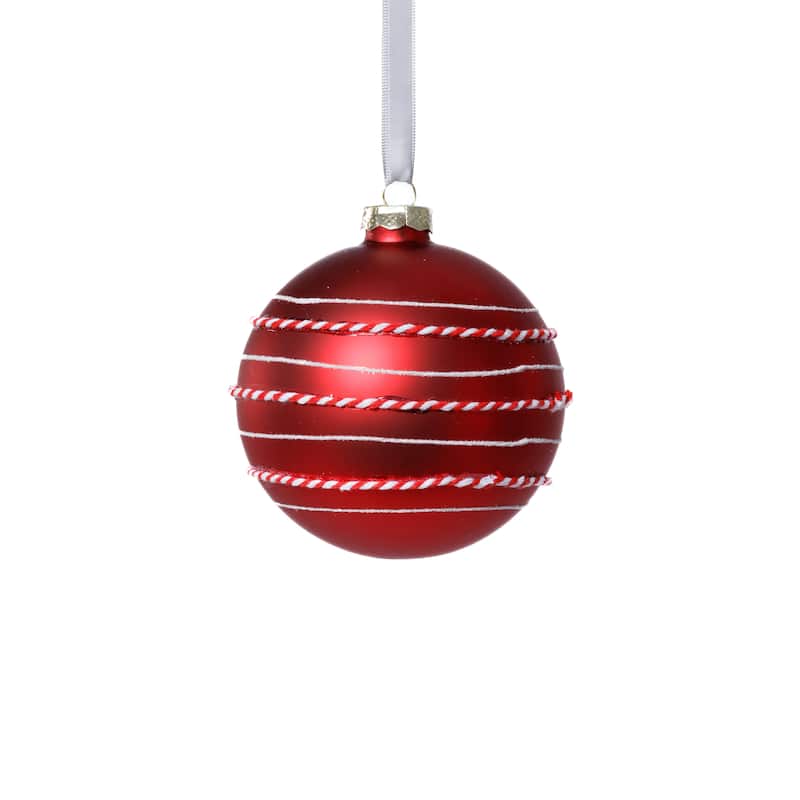 Matte Glass Ball Ornaments with White & Red Rope, Set of 6, 4" - Red