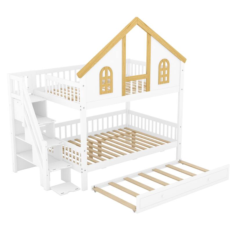GDFStudio -DreamCottage Modern Wooden House Roof Bunk Bed with Storage Drawers and Staircase