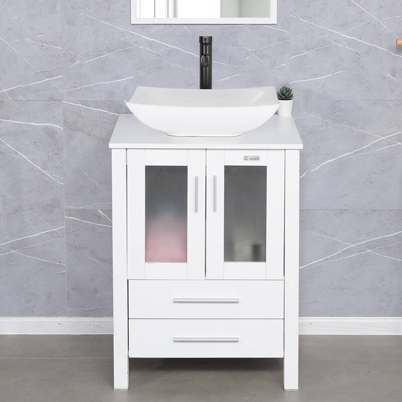 24" Bathroom Vanity White Set Glass/ Ceramic Vessel Sink Cabinet Faucet Drain Free Standing Combo - white ceramic curved sink