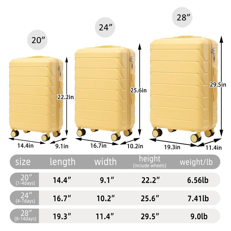 3 Piece (20/24/28 inch) PC Hardside Carry On Luggage Sets with Spinner Wheel and Retractable Handle, for Home Travel Luggage