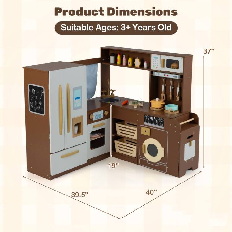 MDF Kids Corner Play Kitchen with Lights, Sounds and Accessories - 40" × 39.5" × 37"