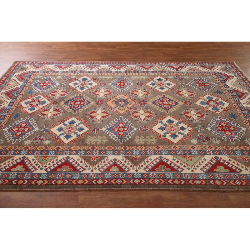 Geometric Brown Kazak Area Rug Handmade Wool Carpet - 6'7" x 9'10"