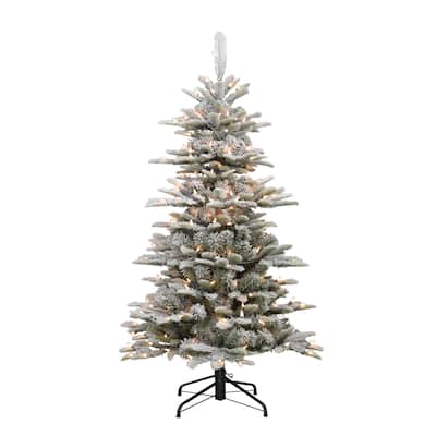 4.5' Slim Flocked Aspen Fir Artificial Christmas Tree, Clear Lights - 4.5 Foot