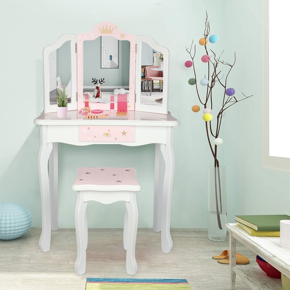 Generic y Desk Stool & r Set Multipurpose W Pink Kids Dressing Pink Ki Mirror Set e With Table With Dressin Multipurpose Wooden Play Desk