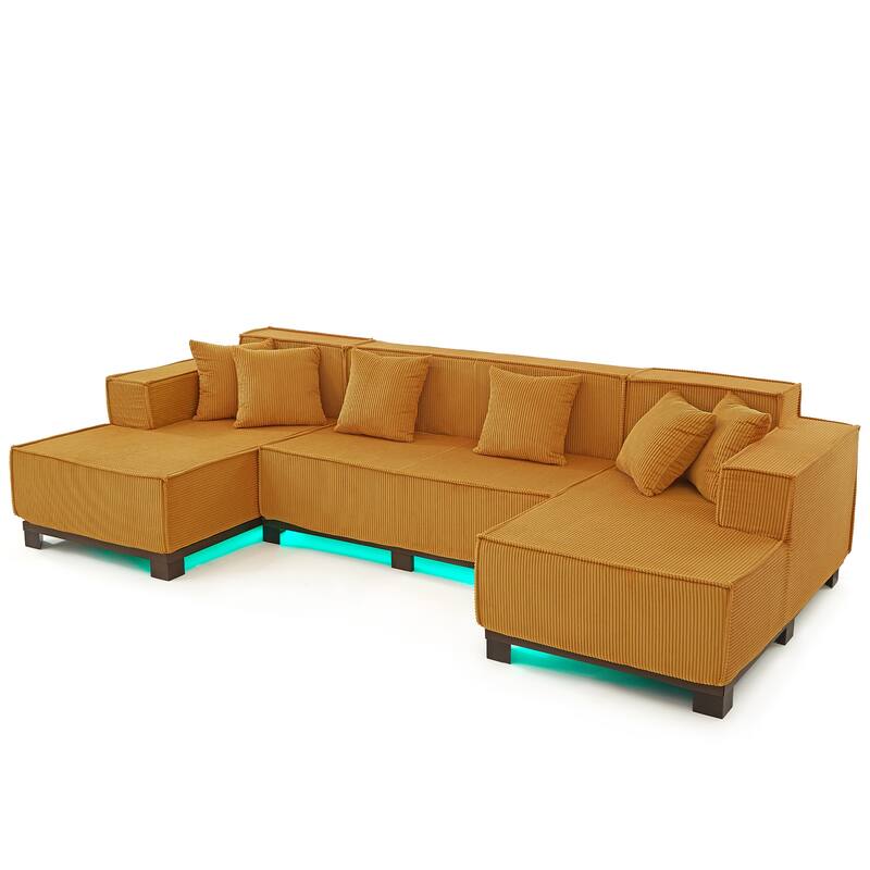 Modern U-Shaped Sectional Sofa Set Stripe Corduroy Upholstered Sofa with Light Strip and 6 Pillows