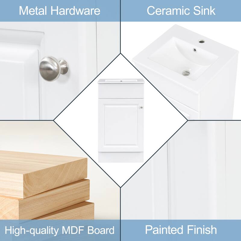 Compact 18 Inch Bathroom Vanity with Ceramic Sink, Painted MDF Cabinet, Storage Shelf, Soft Close Door