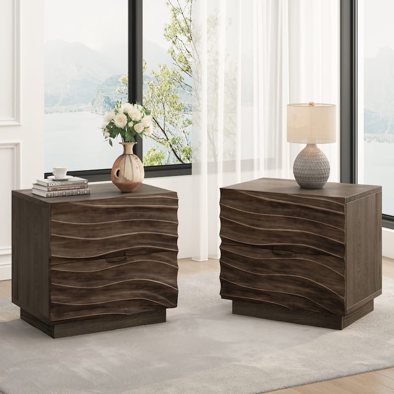 Solid Wood 2 Drawers Nightstands for Living Room and Bedroom Use - 2Piece-Brown