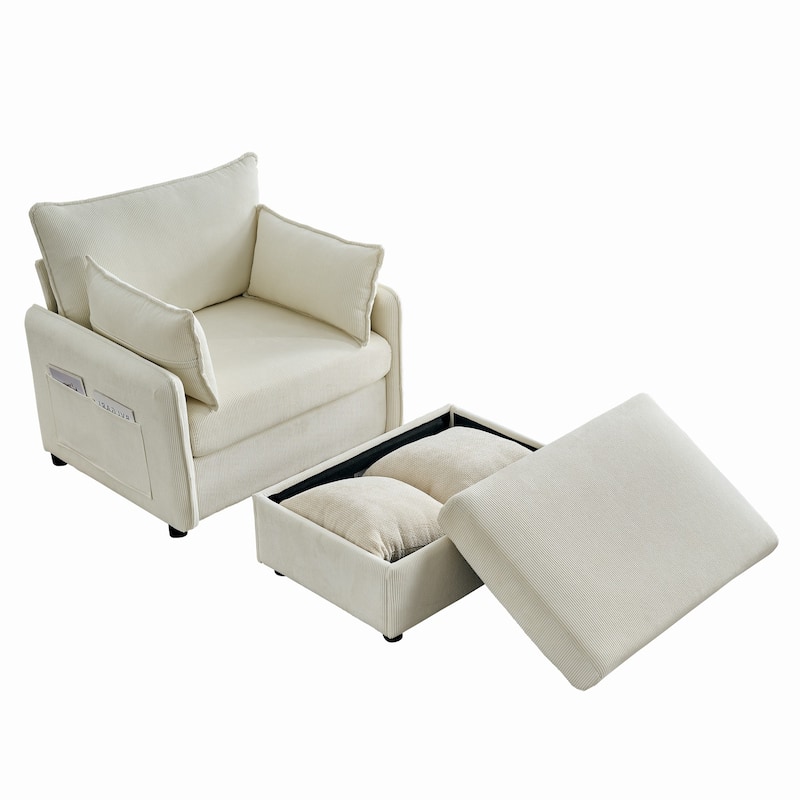 Corduroy Lounge Chaise with Ottoman, USB Charging and Hidden Storage
