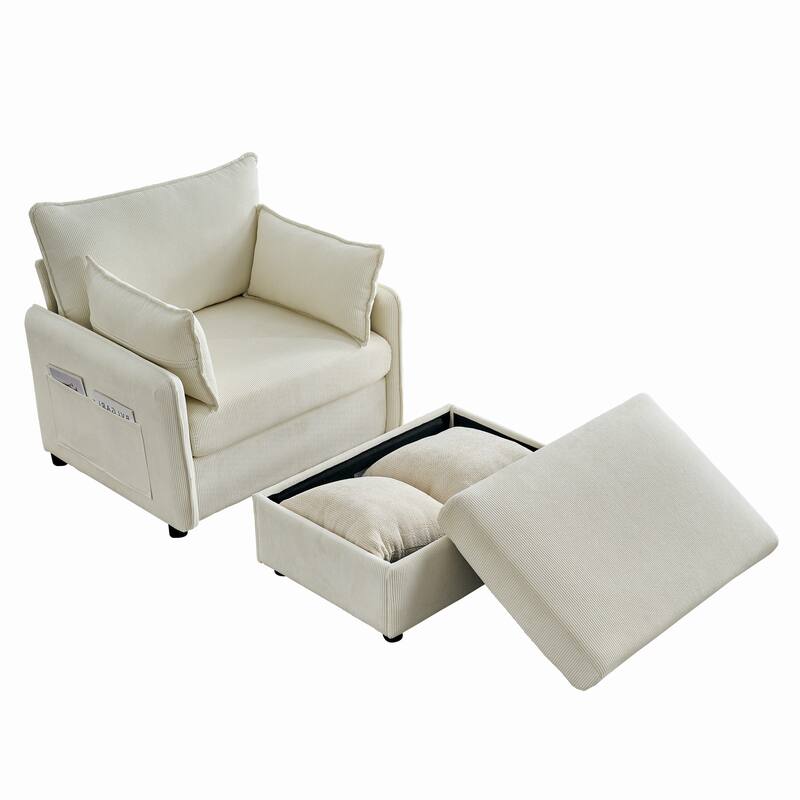 Roomfitters Modern Upholstered Chaise Lounge Chair with Ottoman, Comfy Oversized Armchair with Storage Side Pocket, Beige