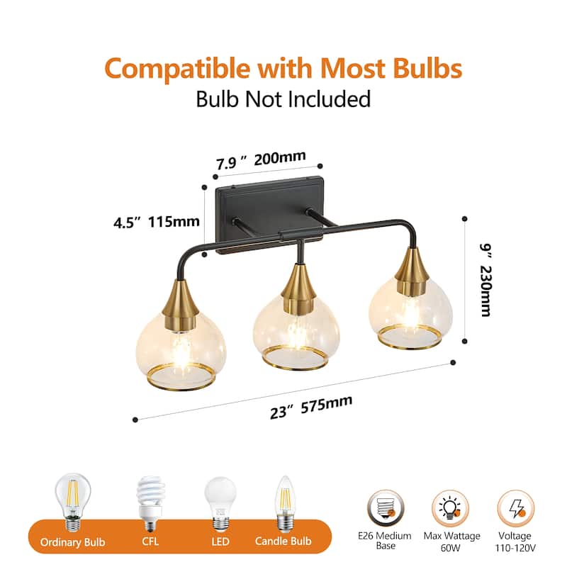 23" 3-Light Vanity Wall Sconce with Clear Glass Shades, Industrial Wall Mounted Lamp for Mirror, Vanity(Bulb Not Included)