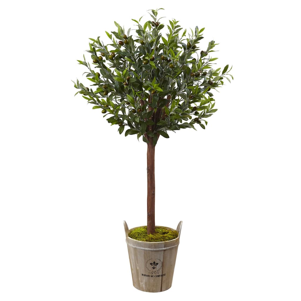 Olive Topiary Tree - 4.5ft Indoor Outdoor Decor - Realistic Moss & Wooden Planter - 4.5ft.