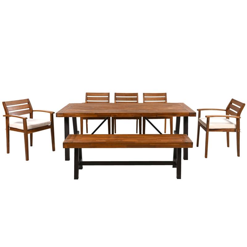 7-Piece Outdoor Wood Dining Table Chairs Set with Cushions and Bench