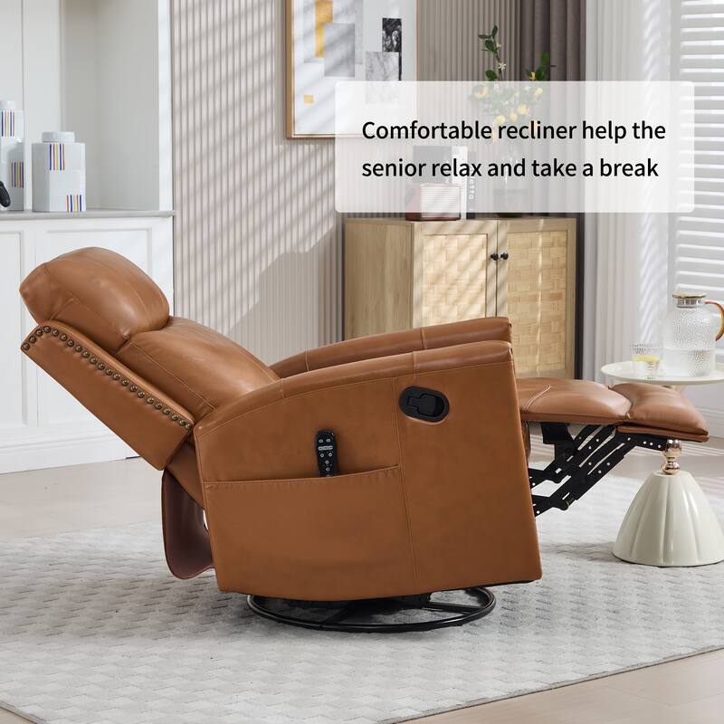 Leather Heat Massage Manual Recliner Chair with Rocker and Swivel for Living Room
