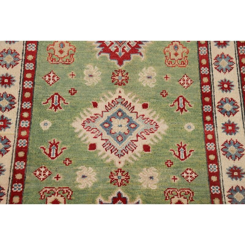 Light Green Geometric Kazak Foyer Rug Hand-Knotted Wool Carpet - 2'10" x 4'2"