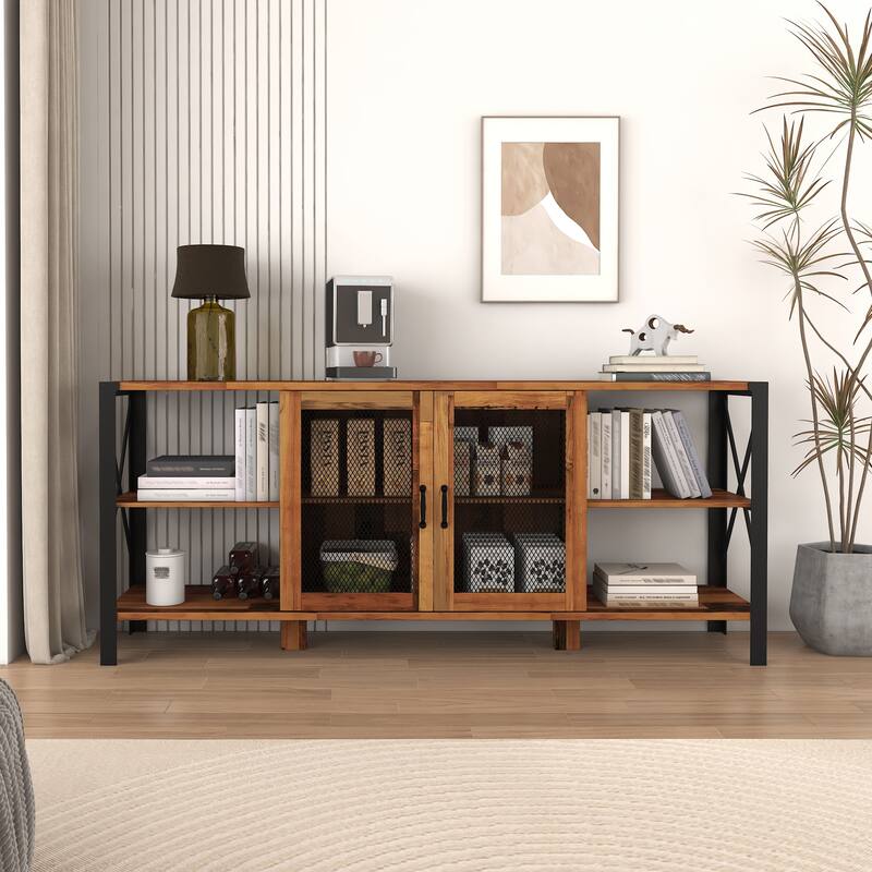 80" TV Stand, Modern Industrial Entertainment Center with Metal and Wood Shelving - Ideal for Farmhouse & Living Rooms - Walnut