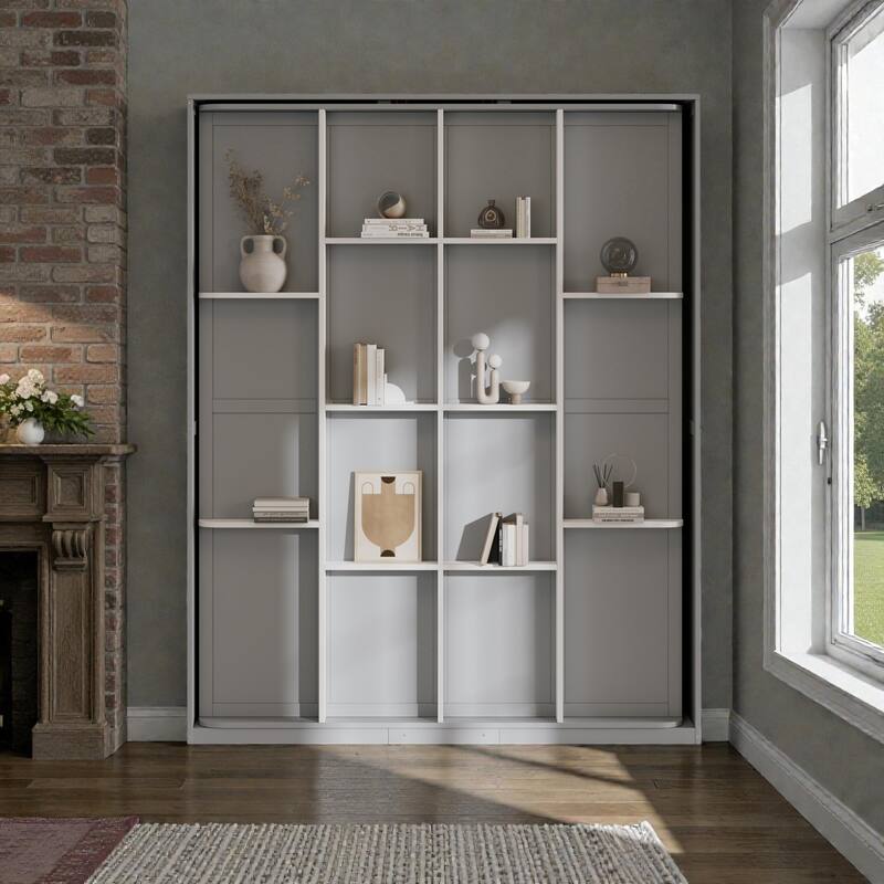 Rotating Queen Murphy Bed with Storage Shelves, 360 Degree Space Saving Wall Bed for Home Office