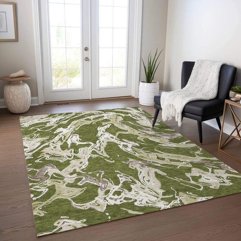 Machine Washable Indoor/ Outdoor Modern Wave Chantille Rug - Olive - 9' x 12'
