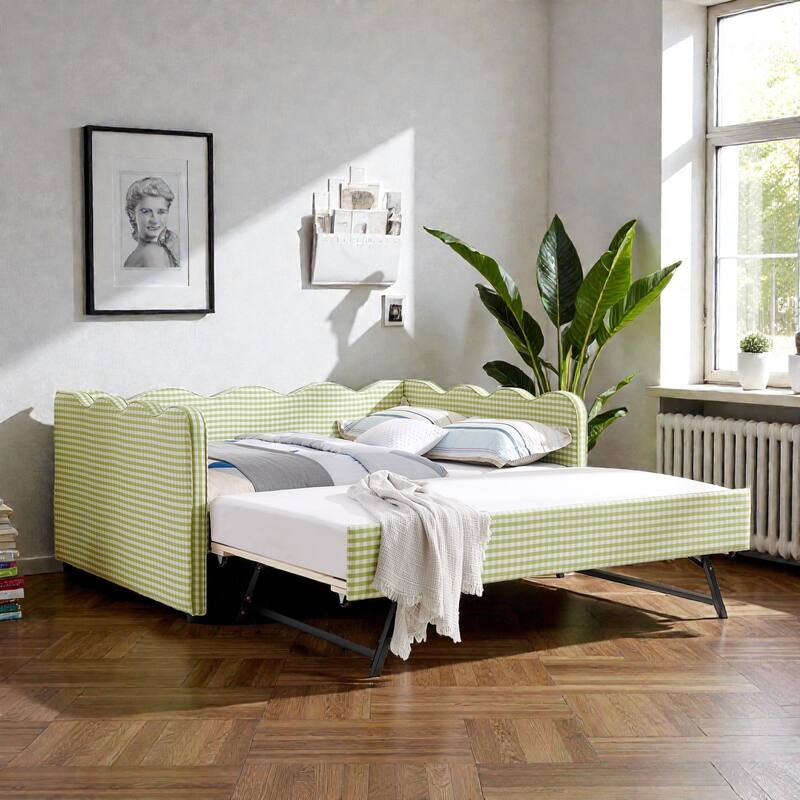 Full Size Gingham Daybed with Twin Trundle, Linen Sofa Bed with USB Port and Wave Shaped Design - Green - Full