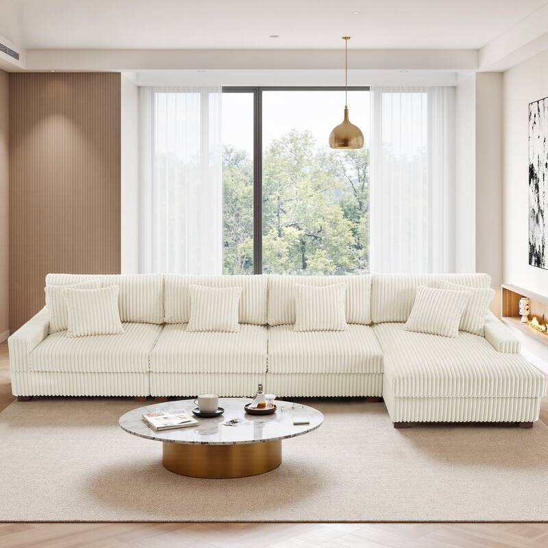 Cotton Flannel 3-Seat Modular Sectional Sofa with Chaise - White - Right Facing