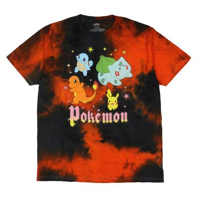 Pokemon Men's Orange and Black Tie Dye Iconic 4 Starter Pokemon Adult Short Sleeve T-Shirt
