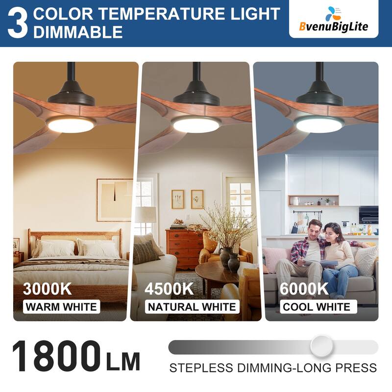 52 in. Indoor/Outdoor Dimmable Ceiling Fan With Light for Patios, Modern Noiseless Ceiling Fan with Remote APP Control