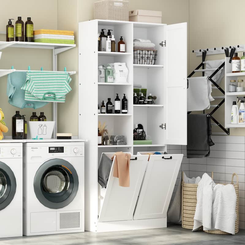 Sleek White Laundry Bathroom Cabinet with Unique Rotating Drawers - White