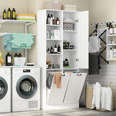 Sleek White Laundry Bathroom Cabinet with Unique Rotating Drawers