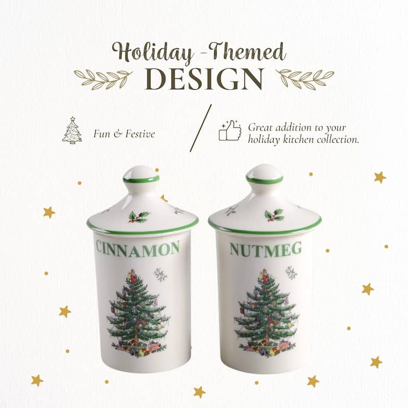 Spode Set of 2 Christmas Tree Spice Jars - 2" D x 4.5" H