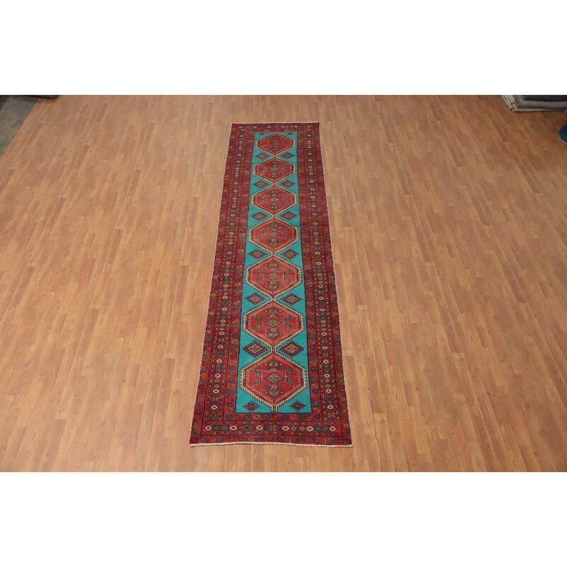 Hand Knotted Oriental 100% Wool Carpet Traditional Tribal Navy Blue & Blues Ardebil Runner Rug - 13' 9'' X 3' 6''