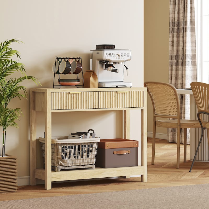 HOMCOM 35" Modern Console Table with Storage, Narrow Entryway Table with Fluted Panel Drawers and Shelf for Hallway,Natural Wood