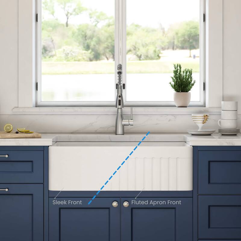 33" White Fireclay Farmhouse Undermount Kitchen Sink with Bottom Grid and Strainer