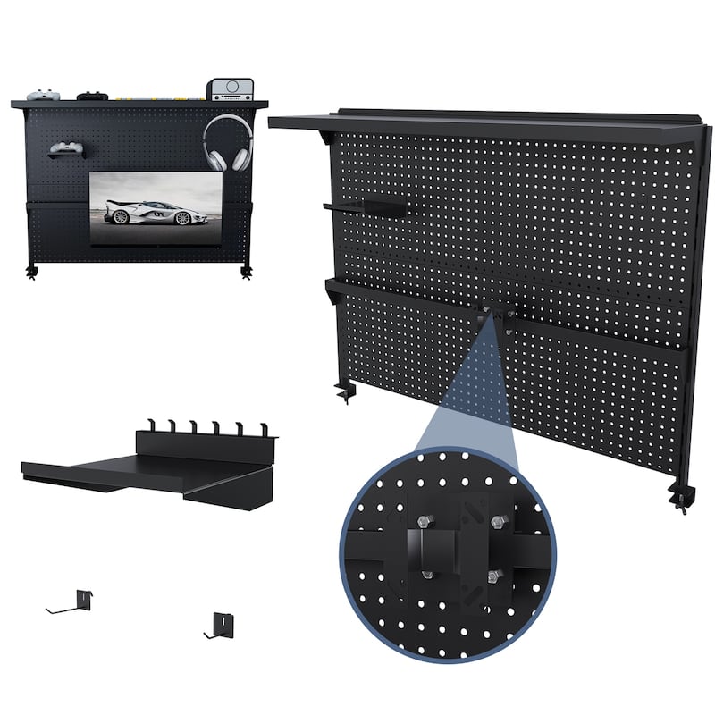 Clamp-On Desk Pegboard with Single Monitor Stand, Hooks & Movable Panel