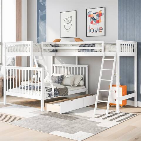 Merax L-Shaped Twin over Full Bunk Bed and Twin Loft Bed, Drawers