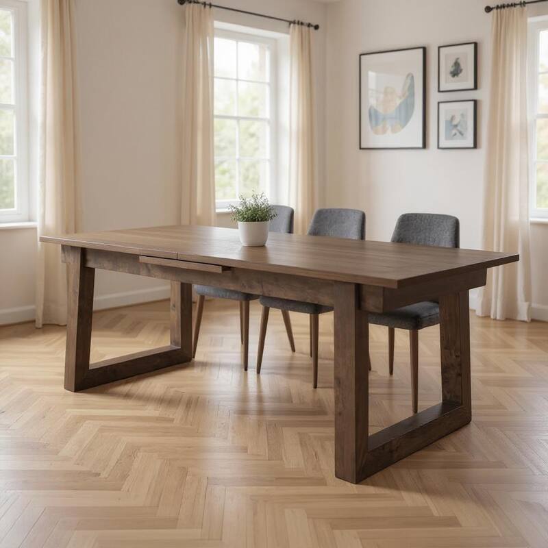 HomeRoots 106" Dark Brown Solid Wood Self-Storing Leaf Sled Base Extendable Dining Table - 106.25 in. x 30.75 in. x 39.25 in. - Brown - 106.25 in. x 30.75 in.  x 39.25 in.