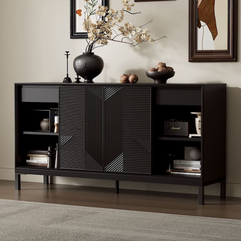 Modern Wood Geometric Accent Cabinet, 60" Vertical Striped Entryway Console Table with 4 Sliding Doors and 2 Drawers