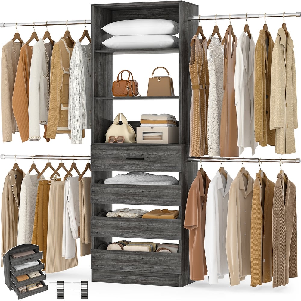 Modular Closet System Wardrobe Organizer 4 Adjustable Hanging Rods and 4 Wooden Drawers, Space-Saving for 4-9Ft Closets