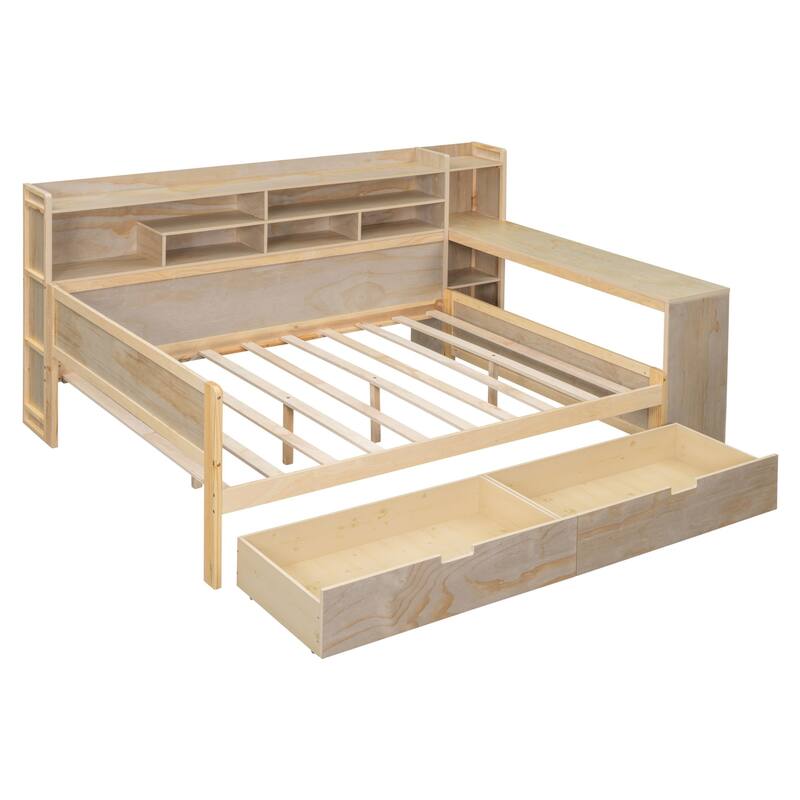 Wooden sofa bed with two storage drawers and desk