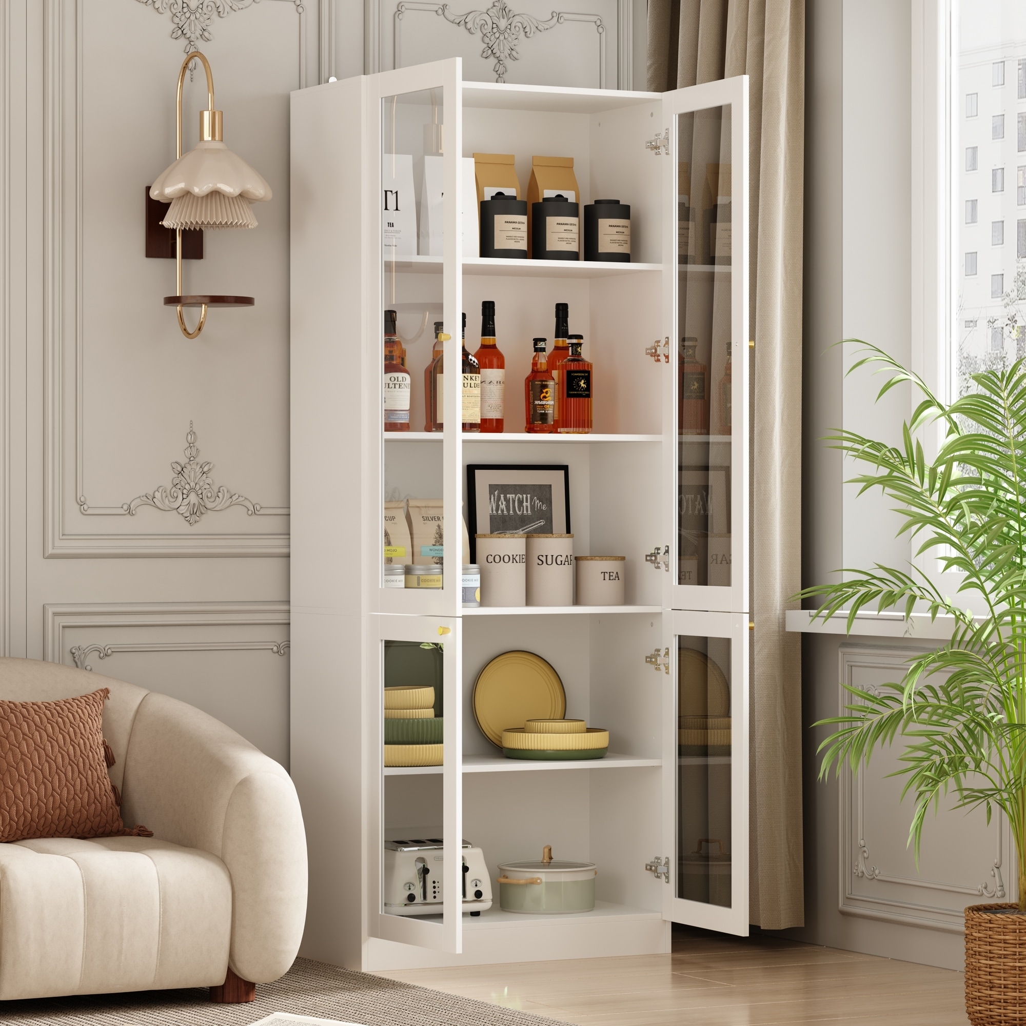 Tall Curio Display Glass Cabinet Bookcase with 4 Glass Doors & Shelves - 78.7"