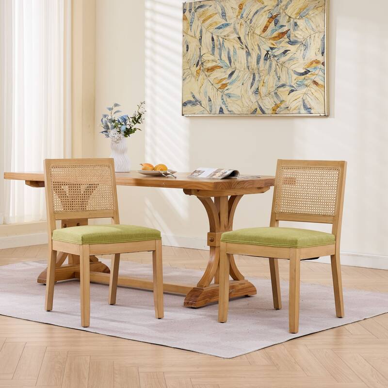 Roomfitters Upholstered Dining Chair Set of 2 with Rattan Back & Wood Legs, Modern Farmhouse Side Chair for Kitchen