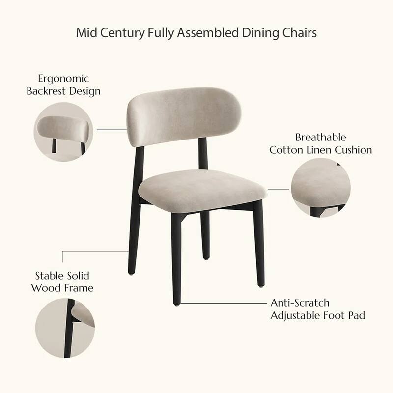 Mid-Century Dining Chair, Solid Wood Legs, Kitchen Chairs with Beige Cotton & Linen Fabric, Fully Assembled