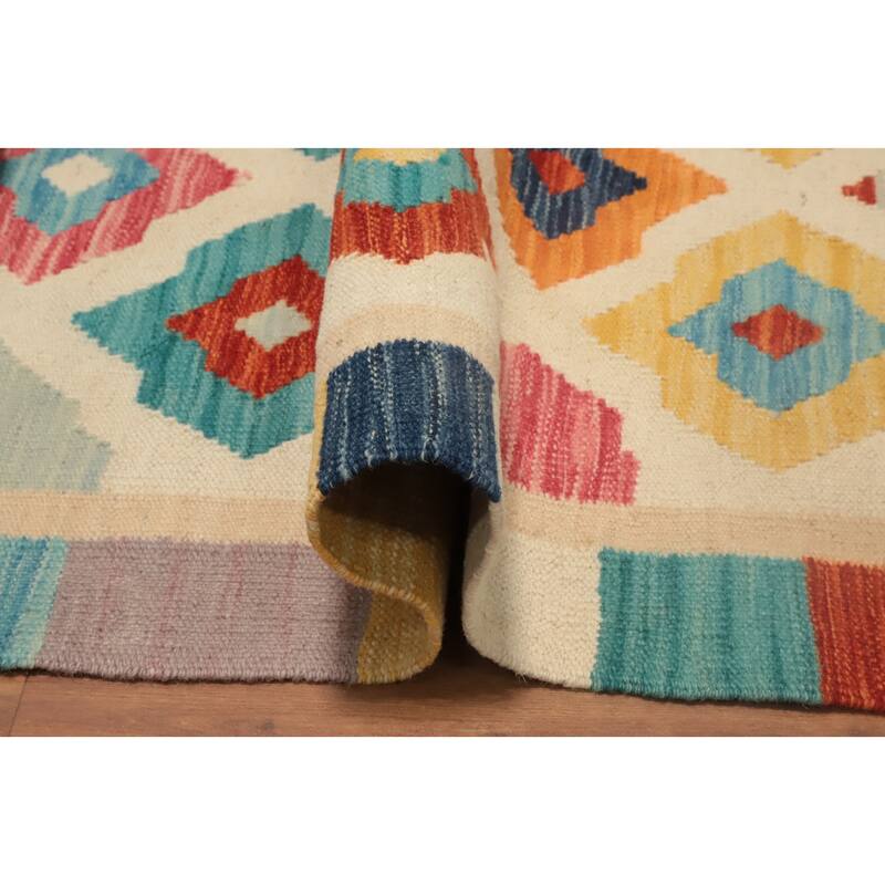 Hand Woven Oriental 100% Wool Carpet Southwestern Geometric Beige & Ivories Kilim Runner Rug - 9' 6'' X 2' 6''