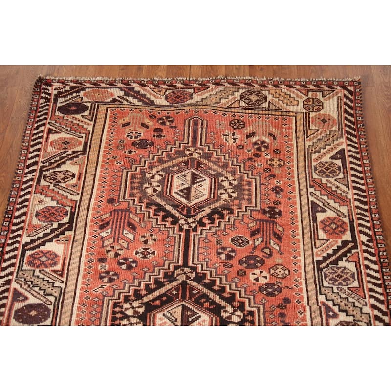 Tribal Shiraz Persian Antique Area Rug Hand-Knotted Coral Wool Carpet - 3'5"x 4'9"