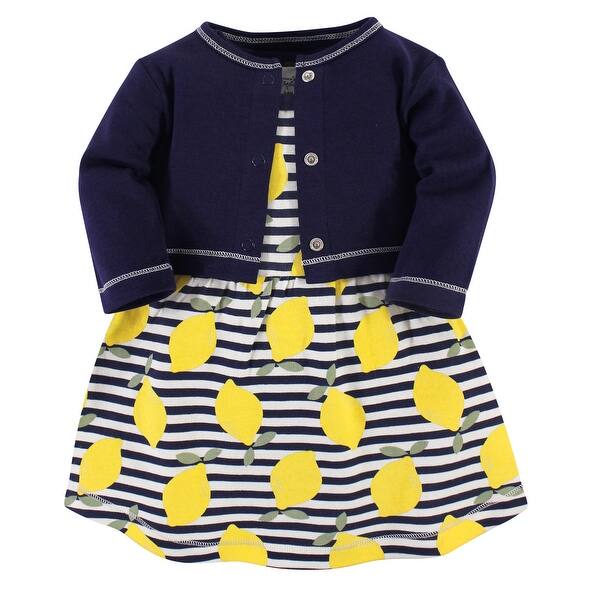 slide 1 of 1, Touched by Nature Baby and Toddler Girl Organic Cotton Dress and Cardigan 2pc Set, Lemons 3T - Lemons