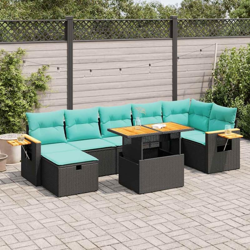 vidaXL Patio Sofa Set with Cushions Outdoor Furniture 8 Piece Poly Rattan - Black-with storage - 24.4 x 24.4 x 27.2