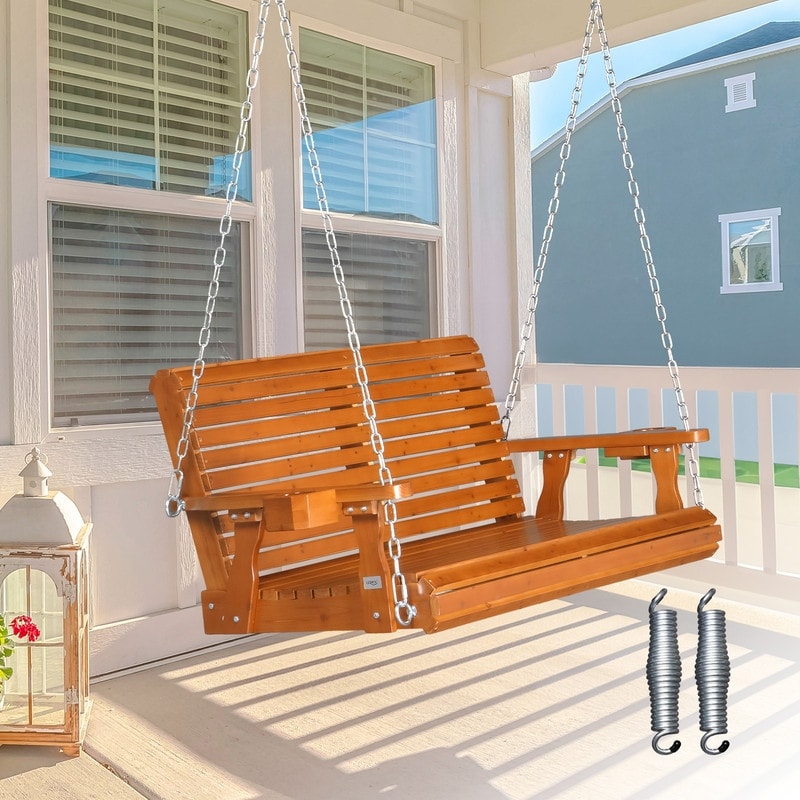 Upgraded 2 Person Wood Porch Swing with Cup Holders and Chains N A On Sale Bed Bath Beyond 39880358