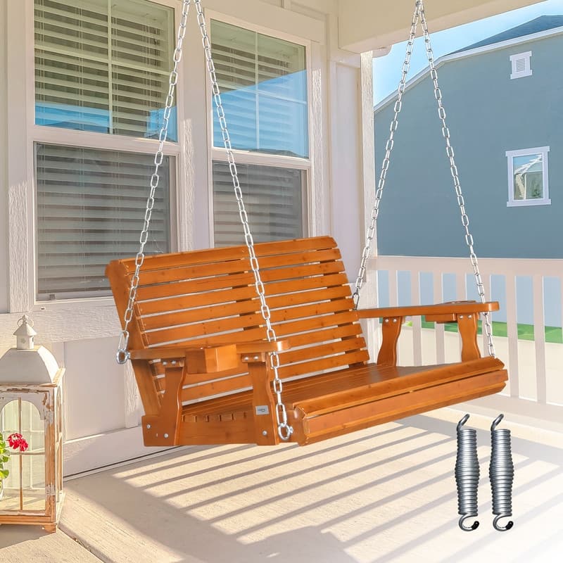 Upgraded 2-Person Wood Porch Swing with Cup Holders and Chains - N/A