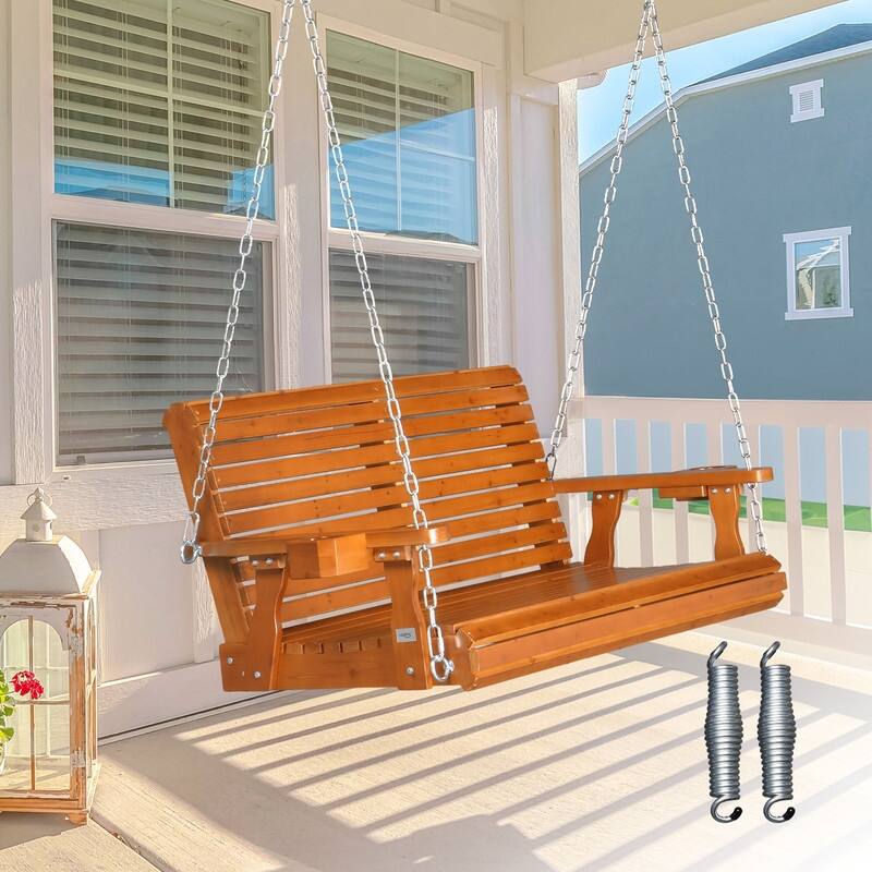 Upgraded 2-Person Wood Porch Swing with Cup Holders and Chains - N/A