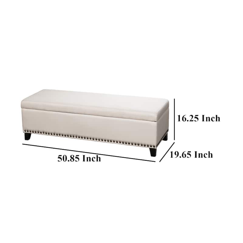 Ottoman Bench, Chain Link Pattern, Nailhead Trim, 51 Inch Beige Fabric