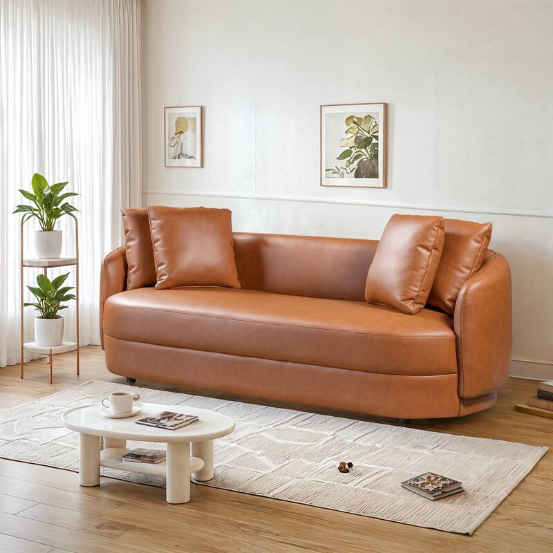 Haas 85" Wide Japandi Style Cognac Leather Curvy Sofa - Cognac Composite Leather