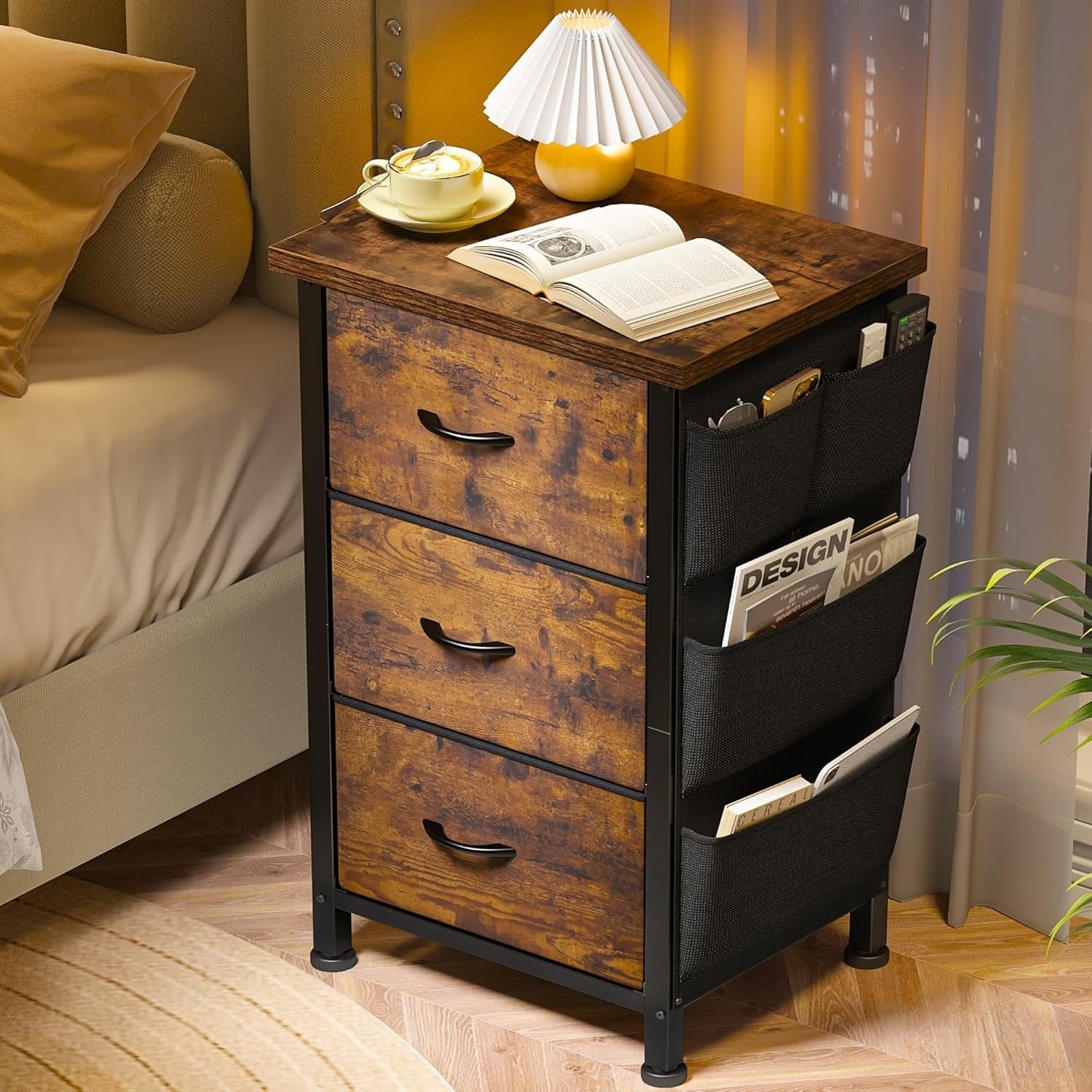 Rustic Brown Nightstand with Drawers, Wooden Top, Steel Frame, Multi-Scene Bedside Table for Bedroom, Living Room, Entryway